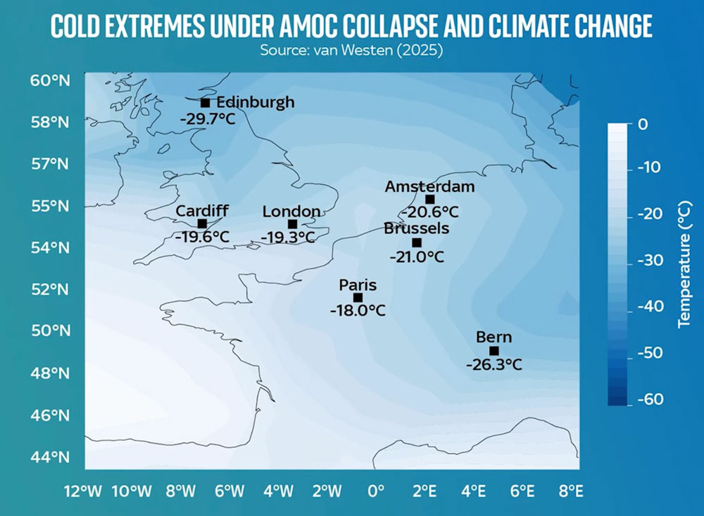 Chart showing the potential temperatures in Europe with a weakened AMOC